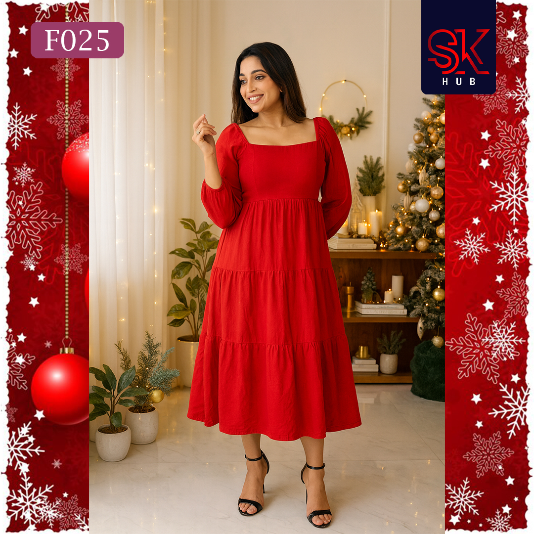 Crimson Noel Square-Neck Midi Dress – F025