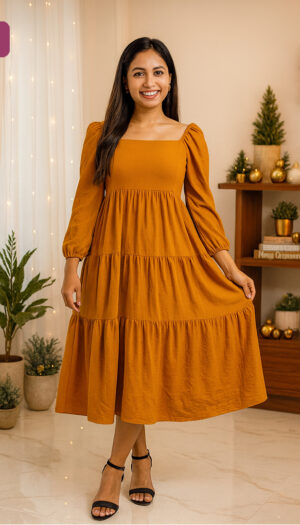 Crimson Noel Square-Neck Midi Dress – F026