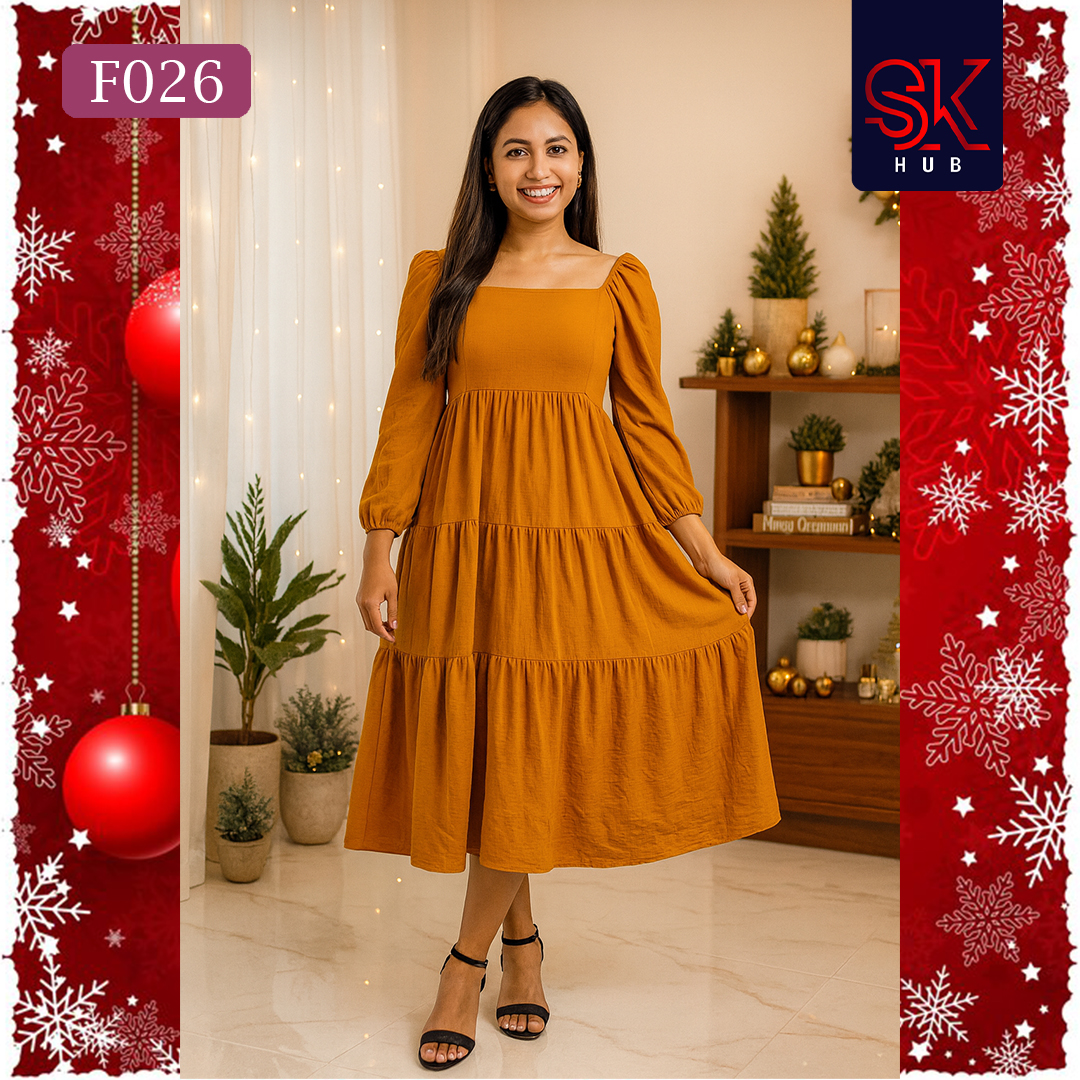 Crimson Noel Square-Neck Midi Dress – F026