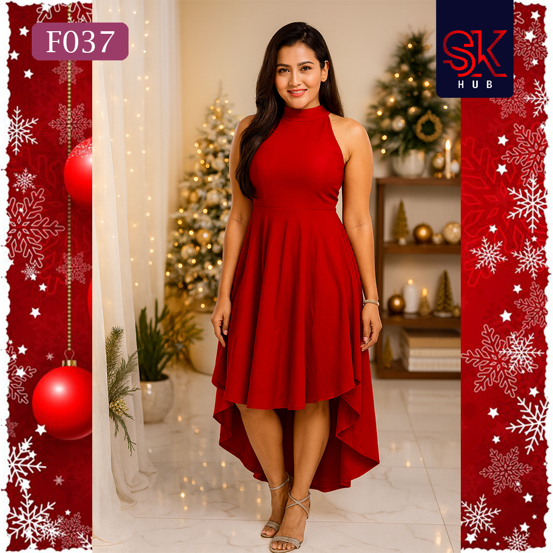 Crimson Elegance High-Low Cocktail Dress – F037